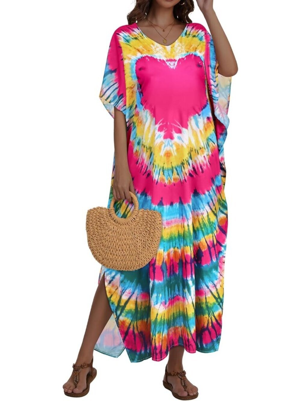 Women's Big Pink Heart Plus Size V Neck Caftan Long Batwing Sleeve Cover Up - Picture 3 of 6